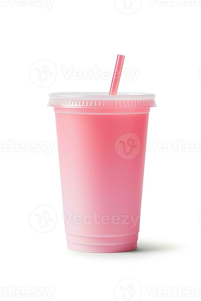 roze drinken in plastic kop geïsoleerd Aan wit achtergrond. nemen weg drankjes concept. ai gegenereerd foto