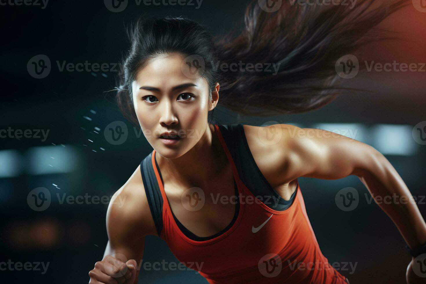 ai generatief vastbesloten Aziatisch vrouw atleet in actie Bij een sport- arena onder levendig stadion lichten foto