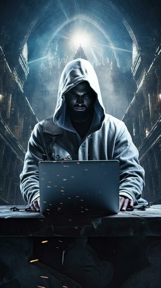 hacker typen Aan laptop anoniem concept. generatief ai foto