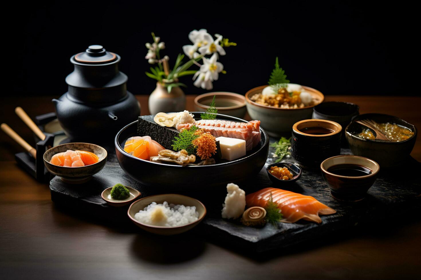 ai generatief traditioneel Japans kaiseki maaltijd met een prachtig geregeld assortiment van gerechten foto