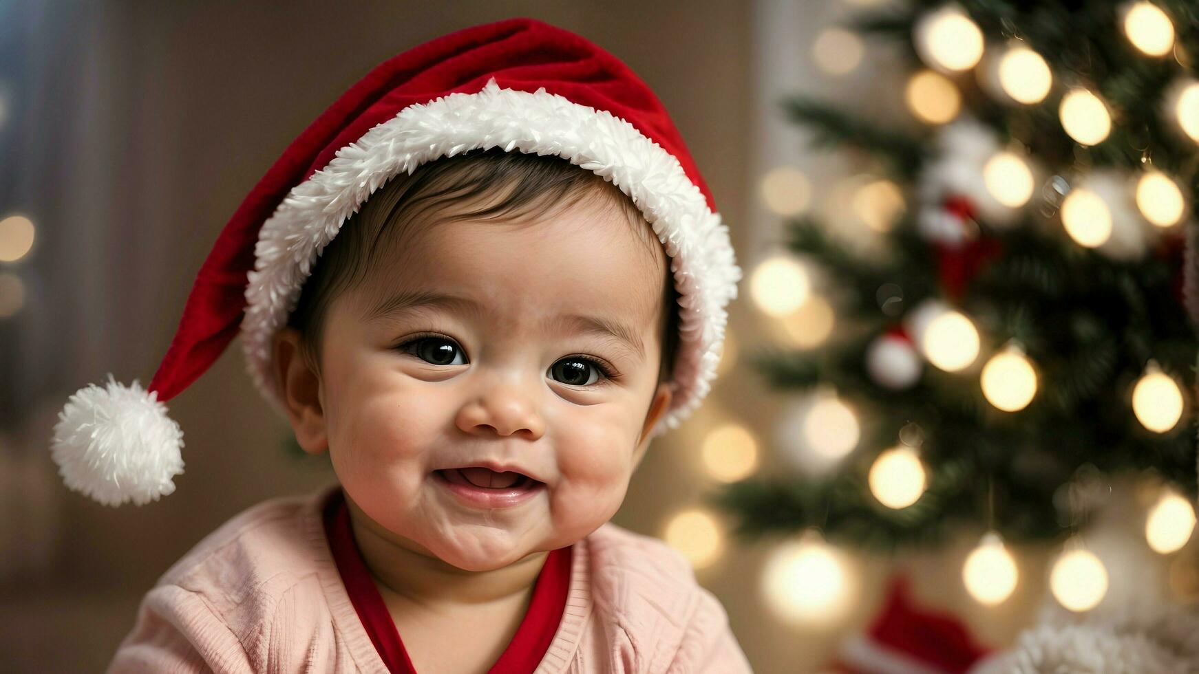 ai generatief portret van aanbiddelijk kind met de kerstman claus rood hoed, feestelijk achtergrond, banier met kopiëren ruimte tekst, kerstmis sjabloon foto