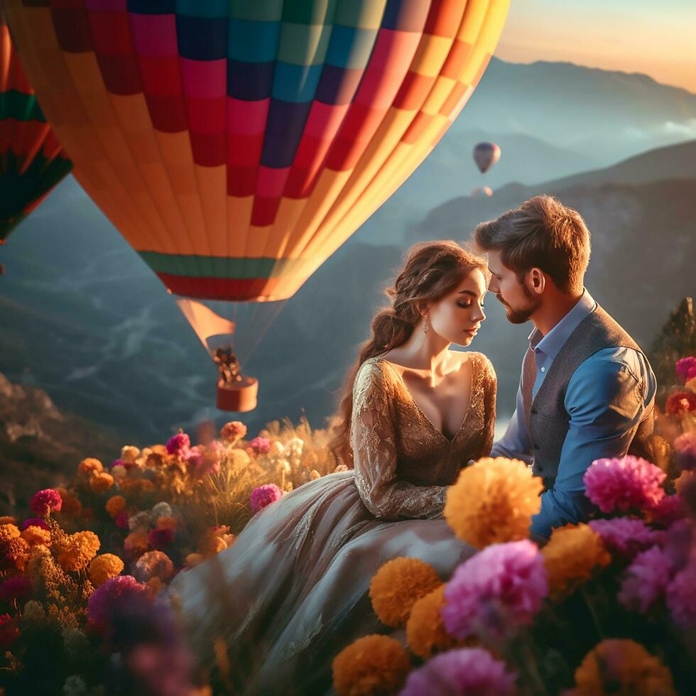 ai generatief een mooi paar geniet liefde in de heuvel met kleurrijk heet lucht ballonnen foto