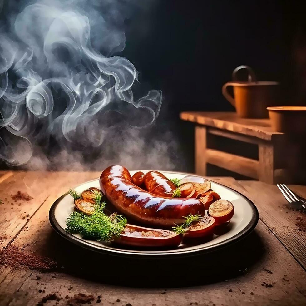 ai generatief heerlijk worstjes schotel in een bord Aan een houten tafel dichtbij omhoog foto