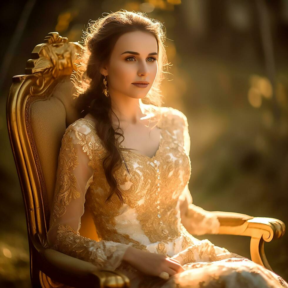 ai generatief prachtig bruid in een elegant jurk poseren naar de camera in Koninklijk stoel foto