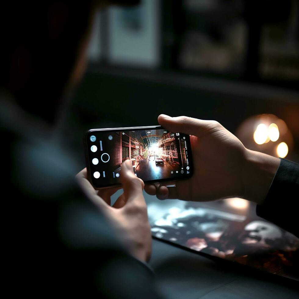 ai generatief gebruik makend van mobiel telefoon Bij nacht foto