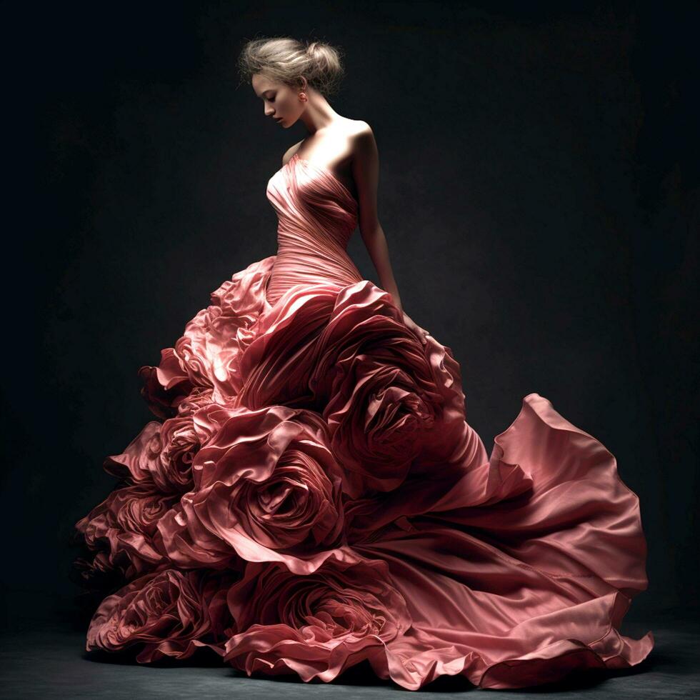 ai generatief een mooi meisje in een abstract roze gegolfd jurk Aan een donker achtergrond foto