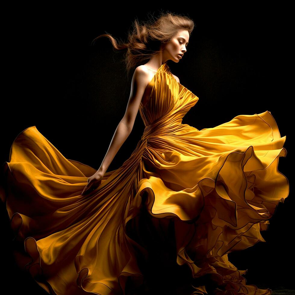ai generatief een mooi meisje in een geel gegolfd jurk Aan een donker achtergrond foto