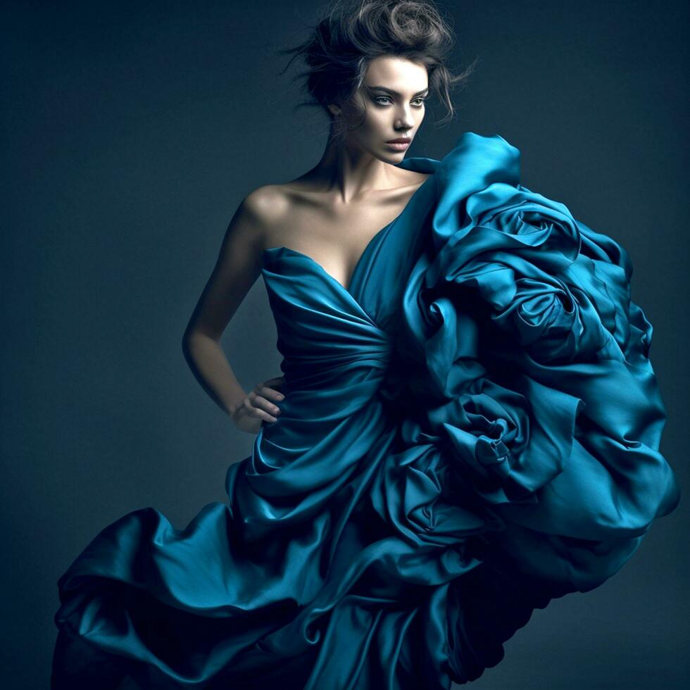 ai generatief een kortharig meisje poses voor de camera in een mooi blauw gegolfd jurk tegen een donker achtergrond foto