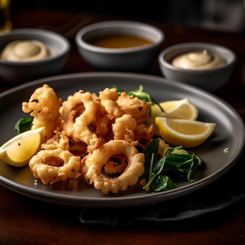 ai generatief een bord van gouden gebakken calamares geserveerd met een pittig citroen Aan een tafel foto