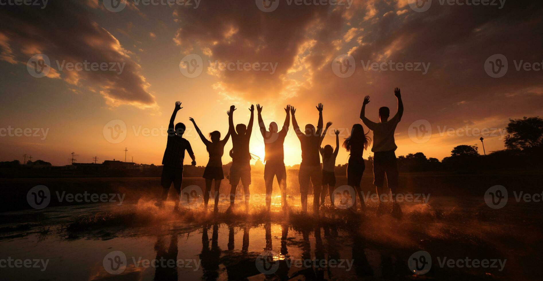 silhouet van een groep van vrienden staand Aan top van een berg en op zoek Bij de zonsondergang ai gegenereerd foto