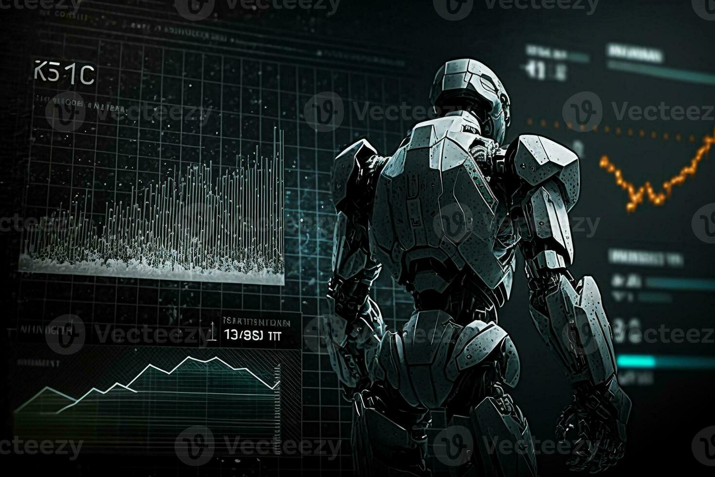 toekomst bedrijf 3d technologie robot en voorraad tabel handelaren, voorraad tabel analyse naar ritme de markt. generatief ai. foto