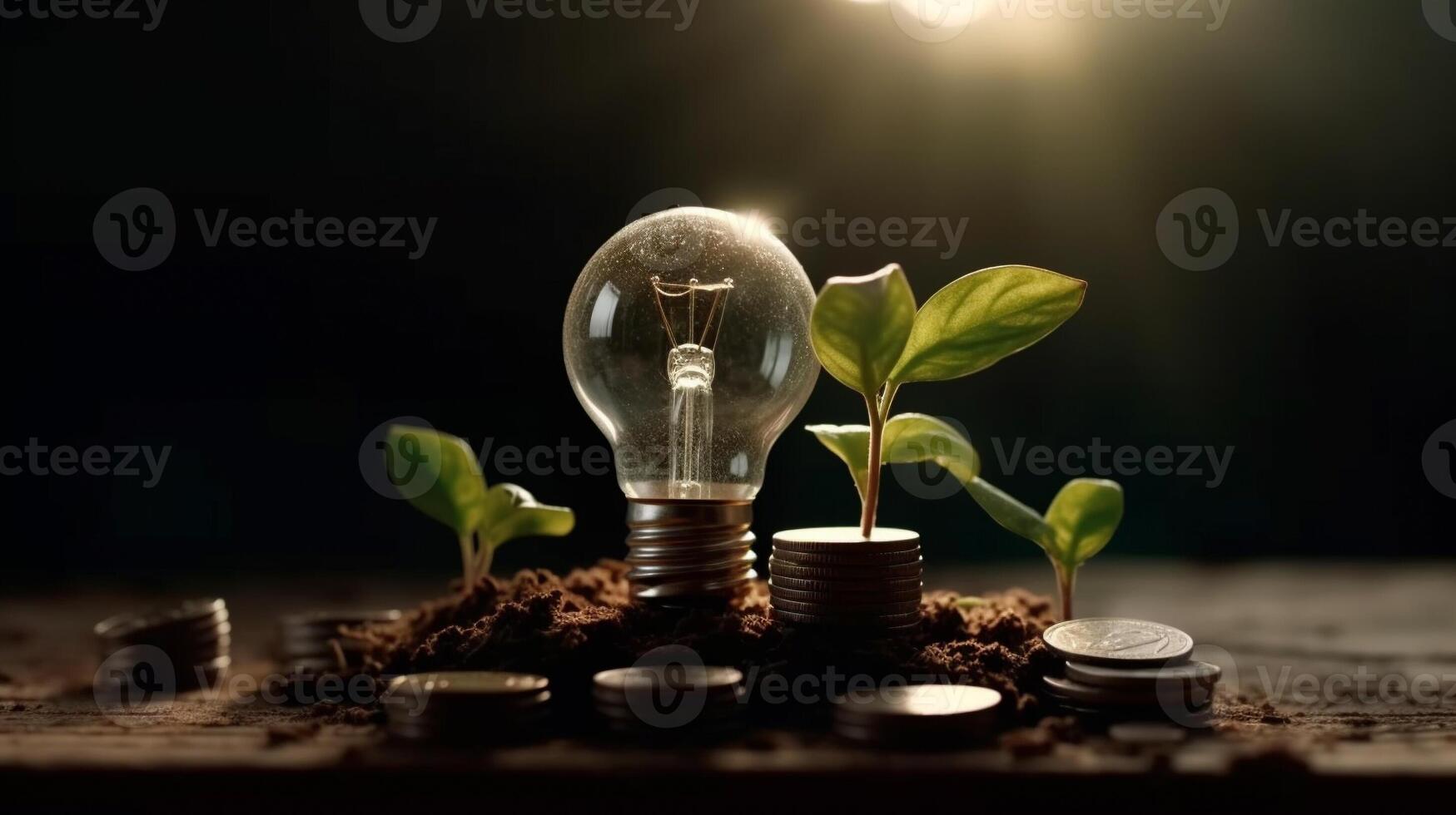 energie besparing licht lamp en boom groeit Aan stapels van munten Aan natuur achtergrond. generatief ai. foto