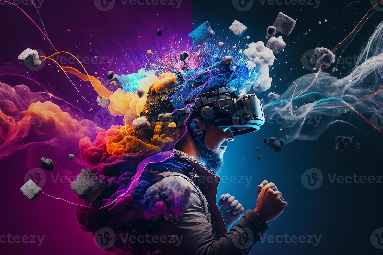 jong Mens gebruik makend van virtueel realiteit hoofdtelefoon.vr bril, futuristisch,technologie, online opleiding, onderwijs, filmpje spel concept. generatief ai. foto