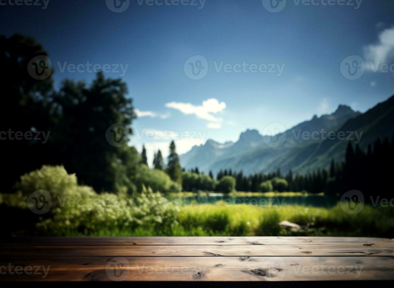 leeg houten tafel versierd met weide wazig meer en berg visie achtergrond. ai generatief. foto