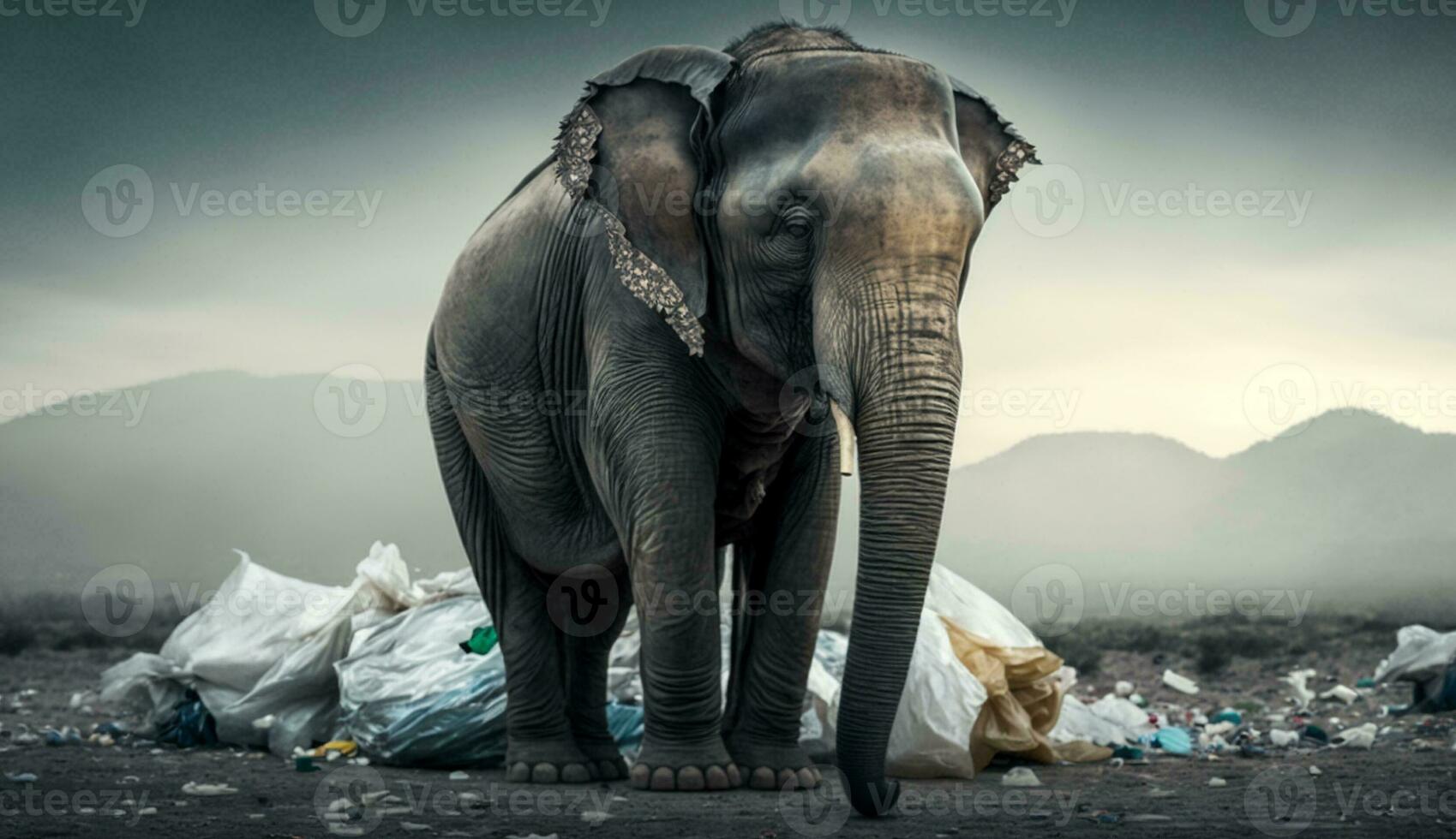 een olifant staat tussen de aambeien van plastic verspilling op zoek voor voedsel en schuilplaats, concept van besparing de wereld. generatief ai. foto