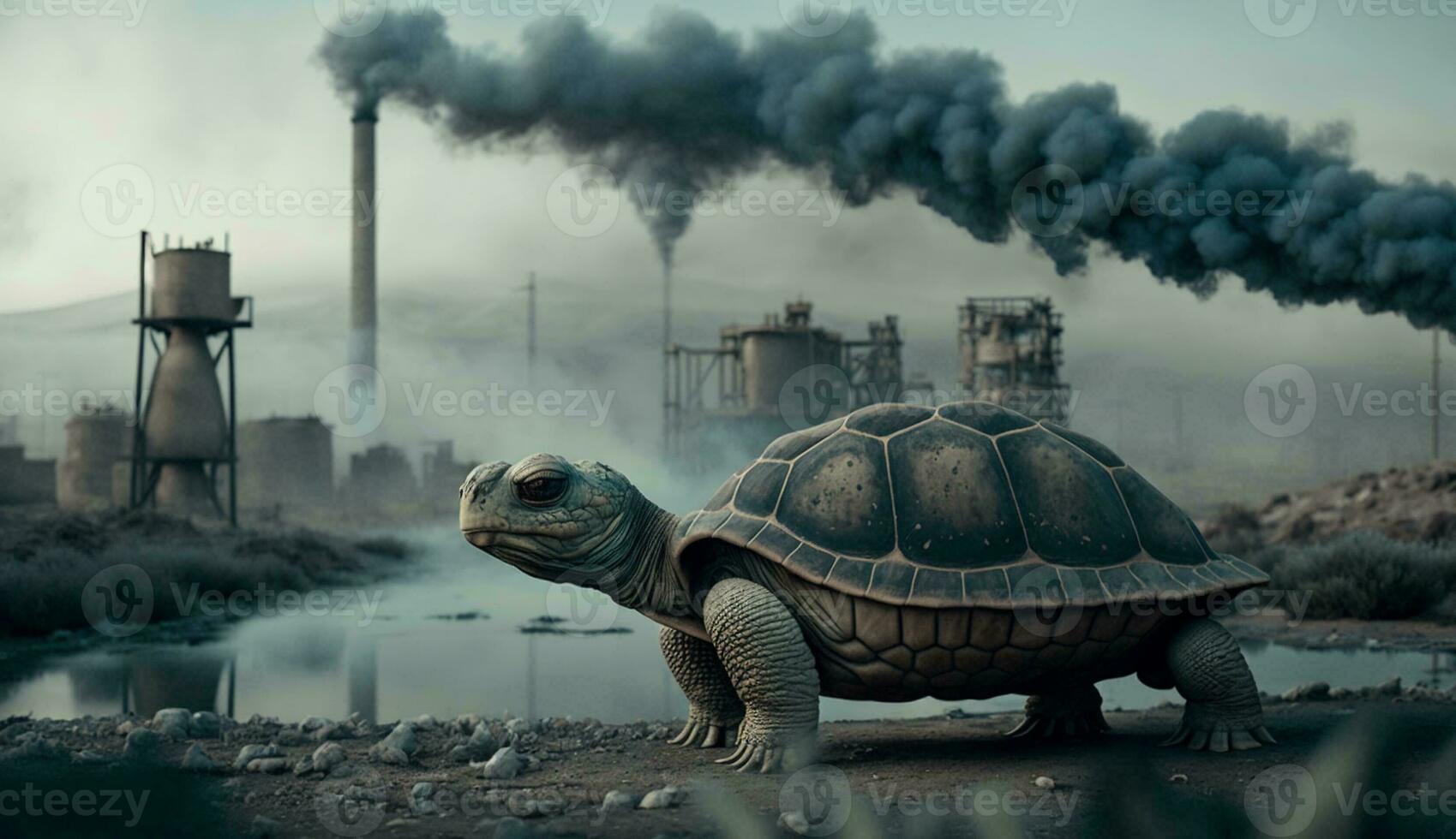 schildpad staat aan het kijken een petrochemisch raffinaderij Bij zonsopkomst. generatief ai. foto