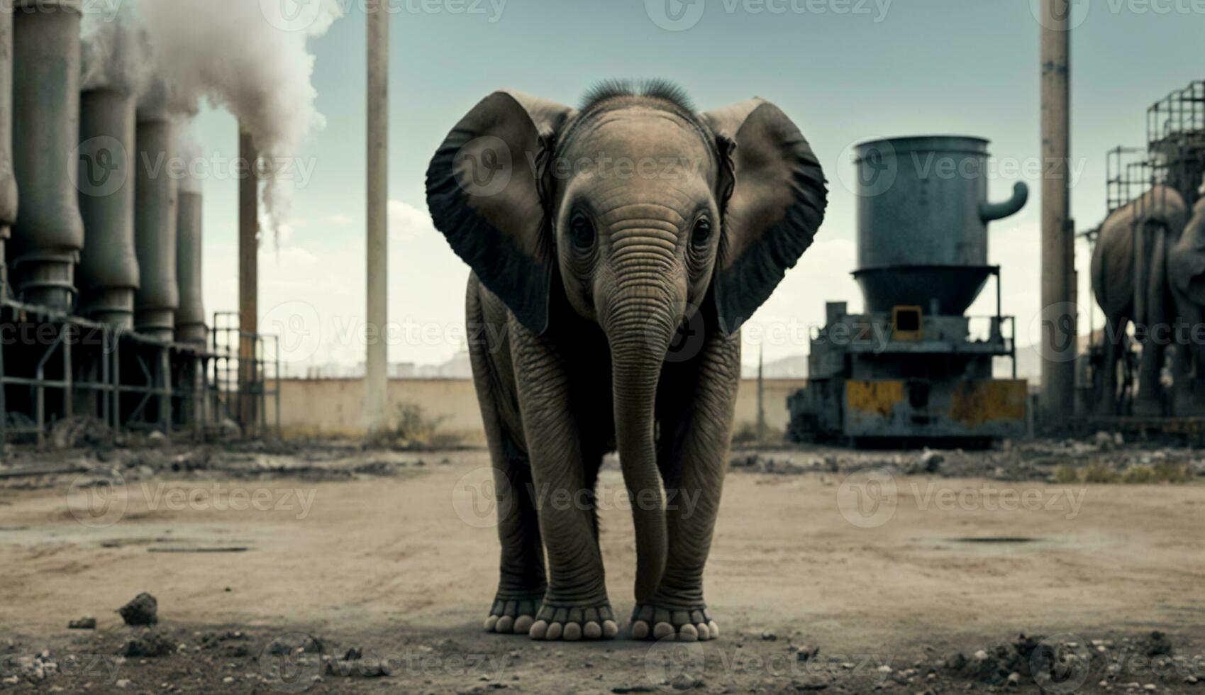 olifant staat aan het kijken een petrochemisch raffinaderij Bij zonsopkomst. generatief ai. foto