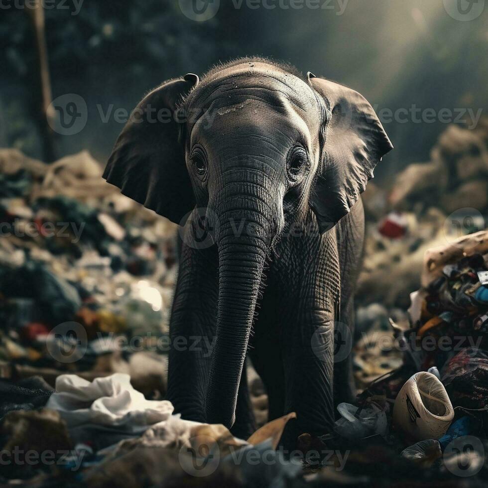 een olifant staat tussen de aambeien van plastic verspilling op zoek voor voedsel en schuilplaats, concept van besparing de wereld. generatief ai. foto