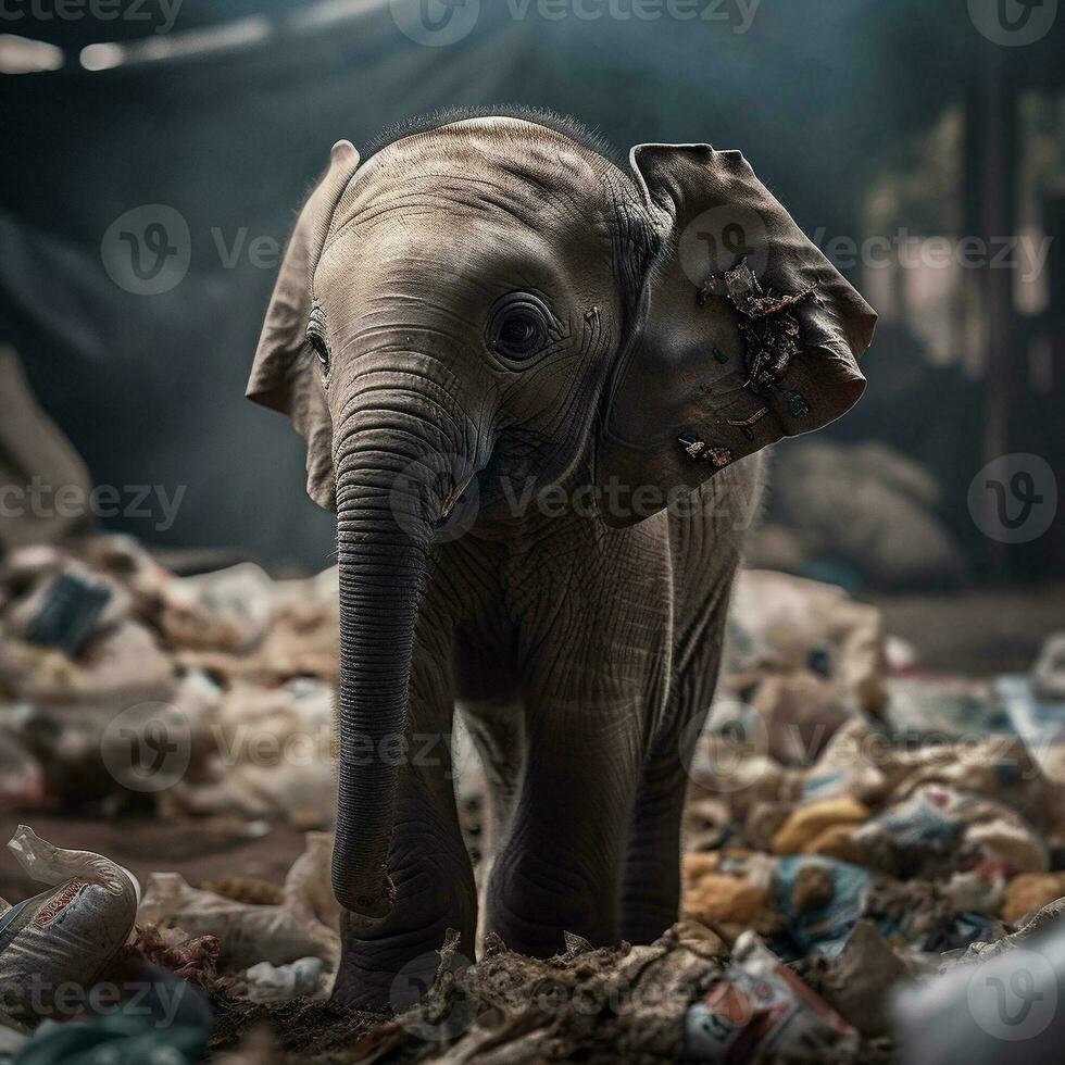 een olifant staat tussen de aambeien van plastic verspilling op zoek voor voedsel en schuilplaats, concept van besparing de wereld. generatief ai. foto