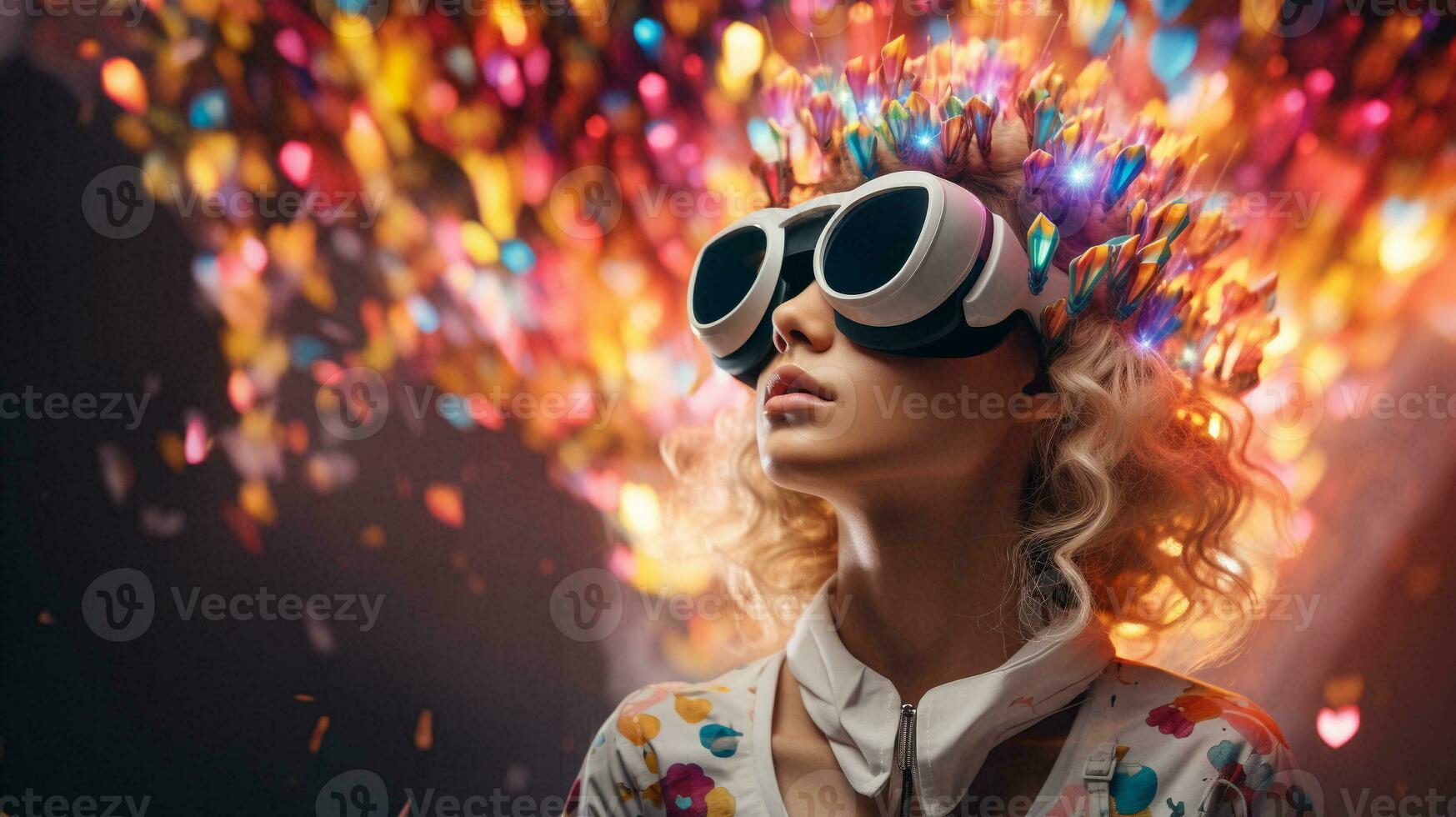 jong vrouw gebruik makend van virtueel realiteit hoofdtelefoon. vr bril, futuristisch, technologie, online opleiding, opleiding, video spel concept. generatief ai. foto