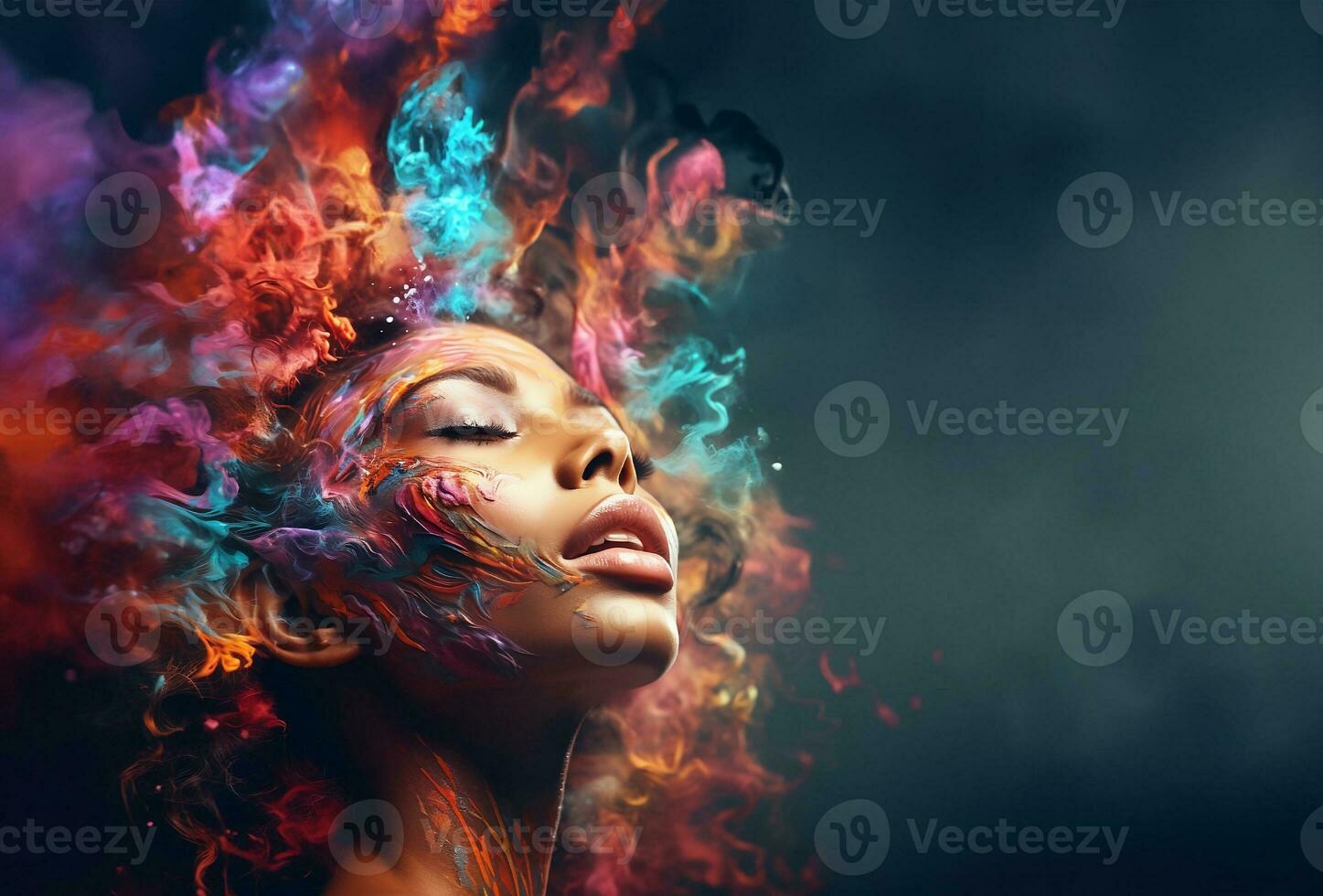 mooi fantasie abstract portret van jong vrouw met kleurrijk digitaal verf spatten Aan leeg ruimte voor tekst. foto