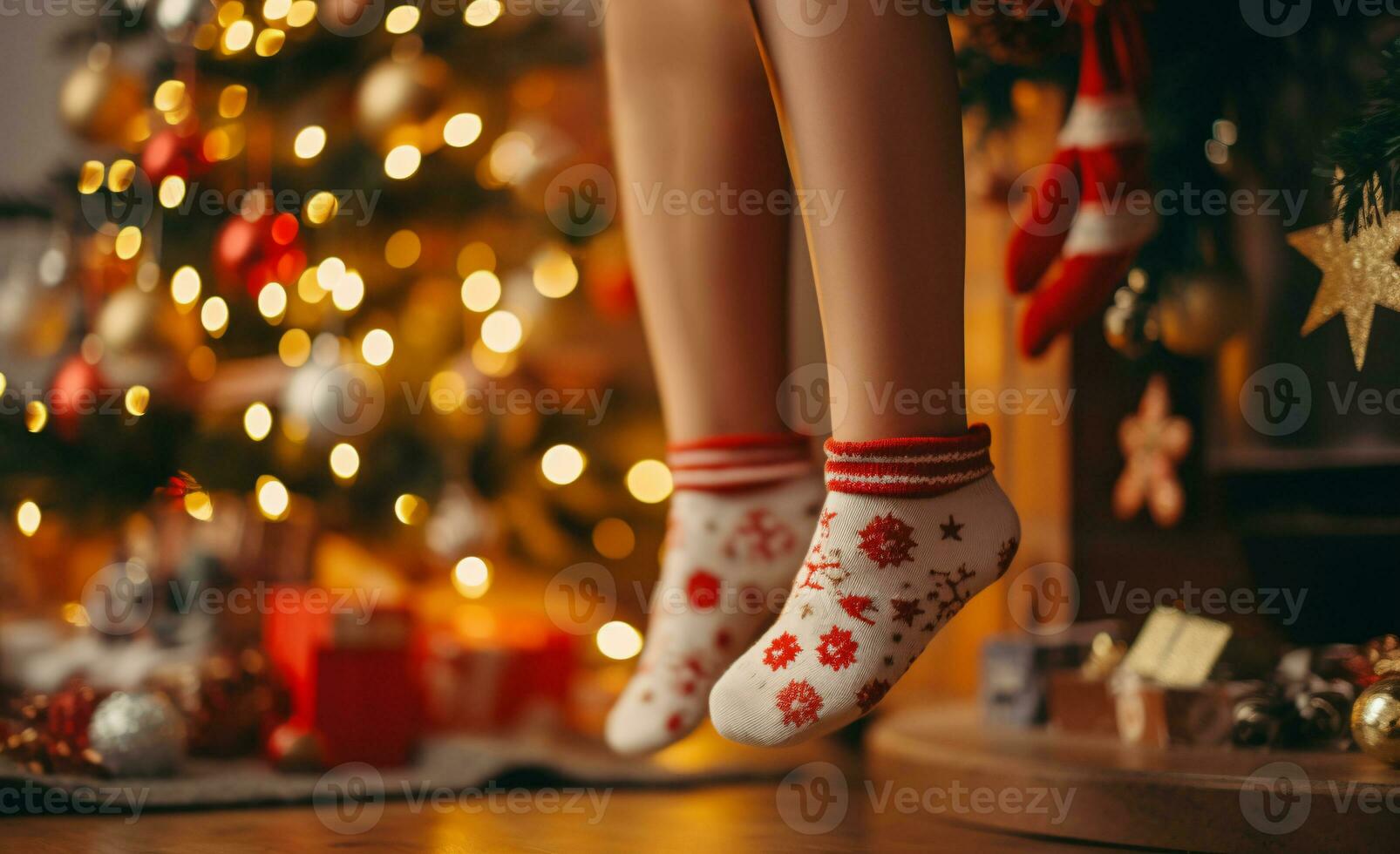 detailopname van vrouw voeten in Kerstmis sokken, decoreren een feestelijk Kerstmis boom met kleurrijk ornamenten. generatief ai foto