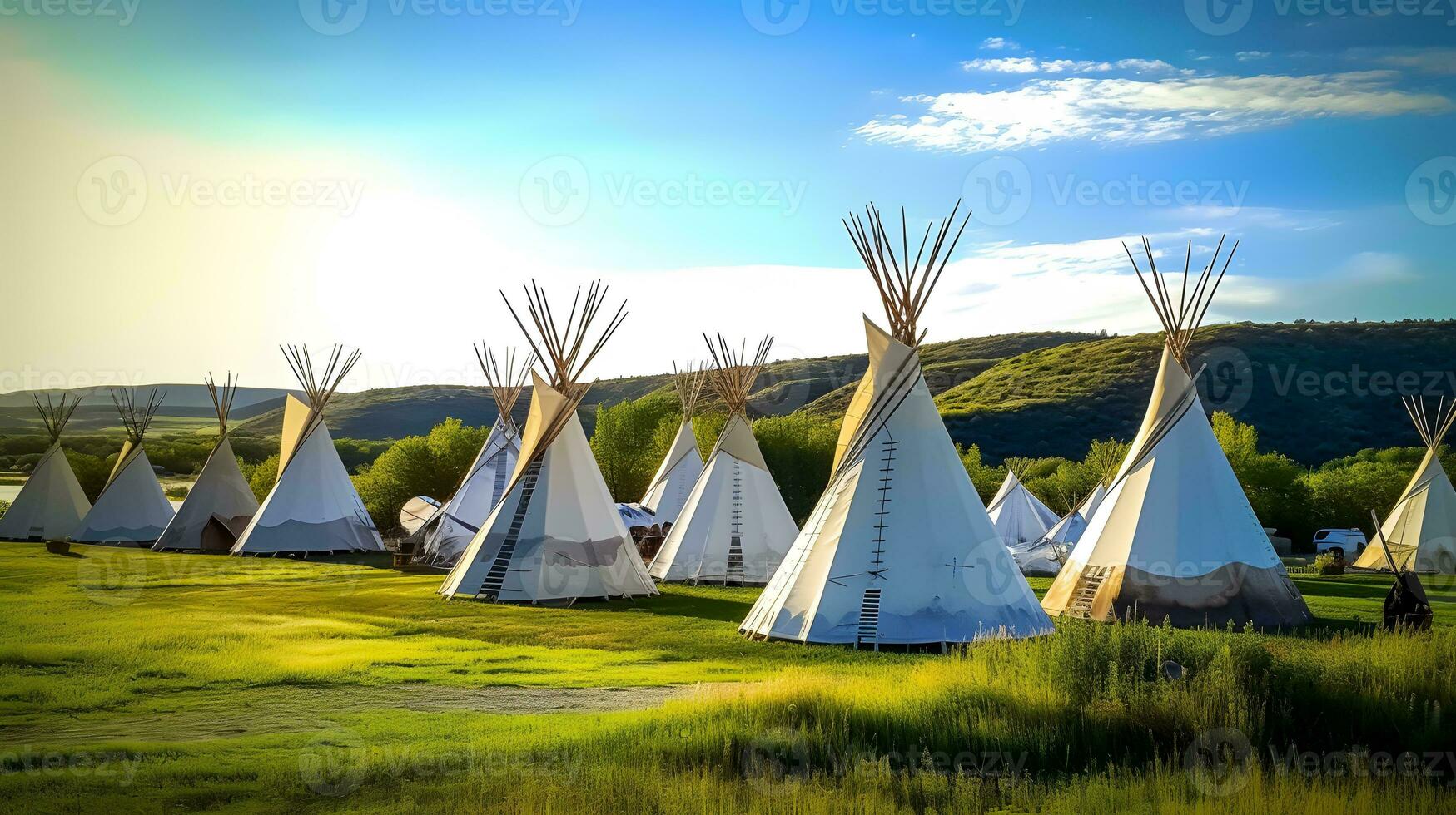 een groep van tipi's in een veld- met gras en bomen. generatief ai foto