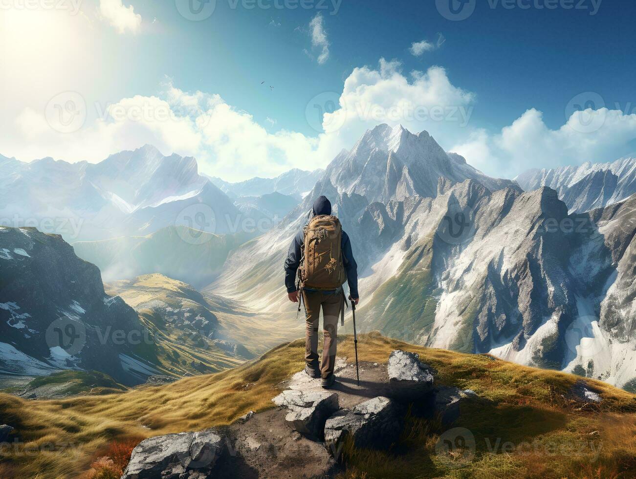 mannetje wandelaar met wandelen zak Aan de berg klif met lucht visie generatief ai foto