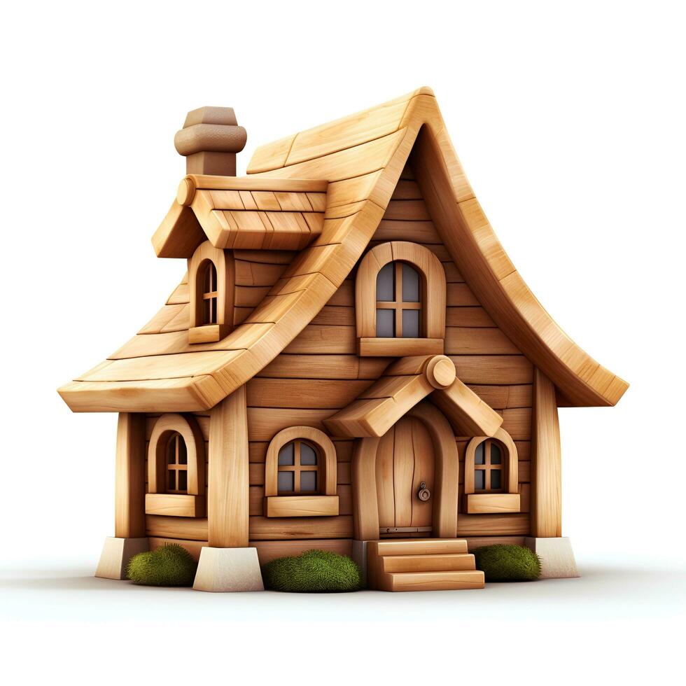 miniatuur houten huis Aan een wit achtergrond, ai generatief foto