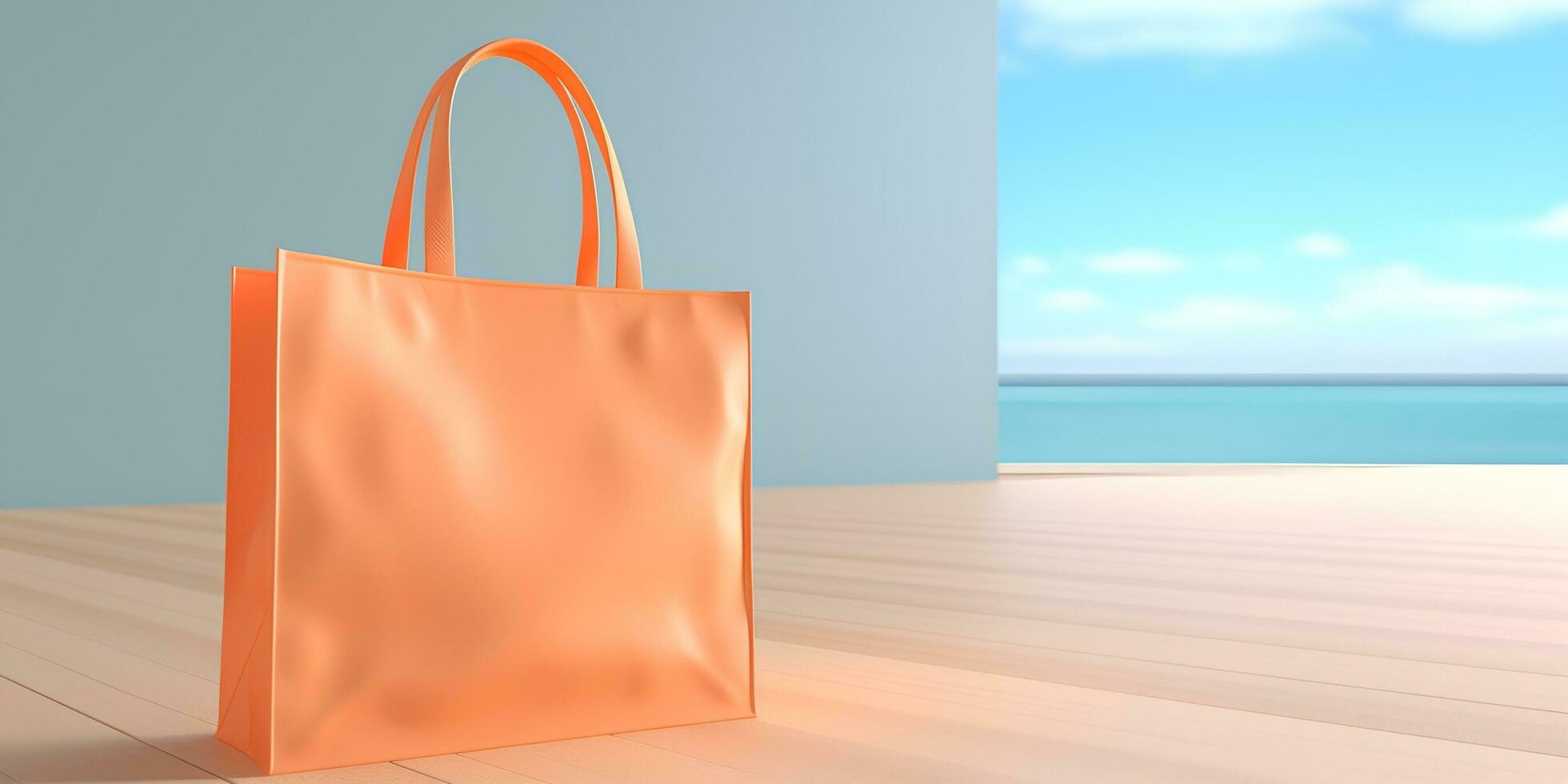oranje boodschappen doen zak met blauw zee strand en Doorzichtig lucht achtergrond ai generatief foto