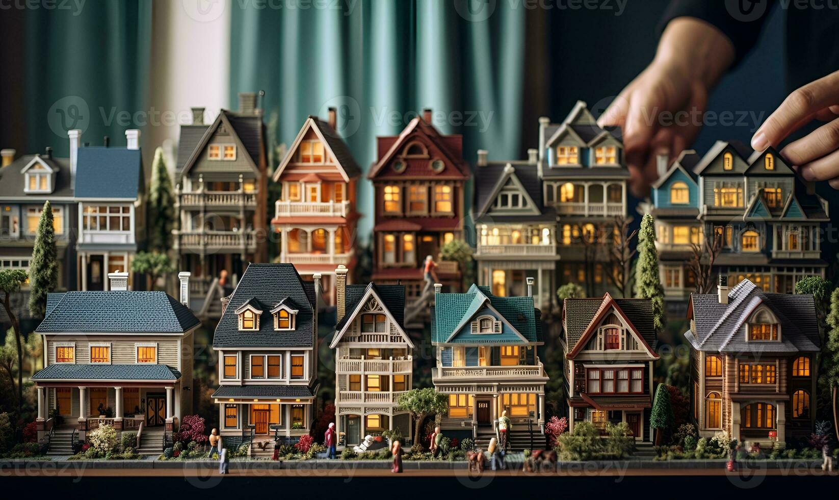 een man's hand- knutselen met een miniatuur huis, ai generatief foto