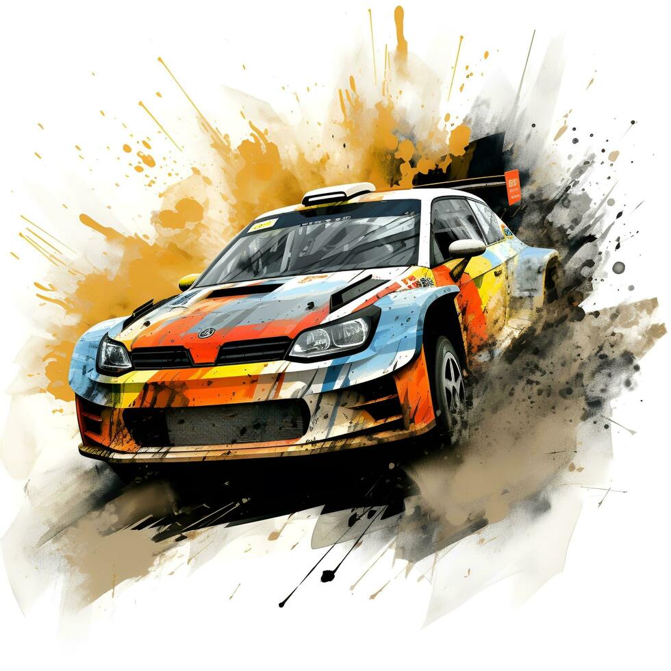 rally racing auto met stof effect en inkt verf kunst, ai generatief foto