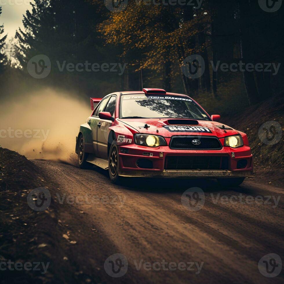 rally auto in actie Aan Woud aarde weg, ai generatief foto