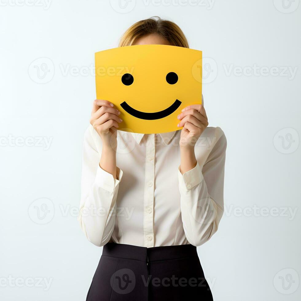 vrouw kantoor arbeider aan het bedekken gezicht met glimlachen emoji wit achtergrond, ai generatief foto