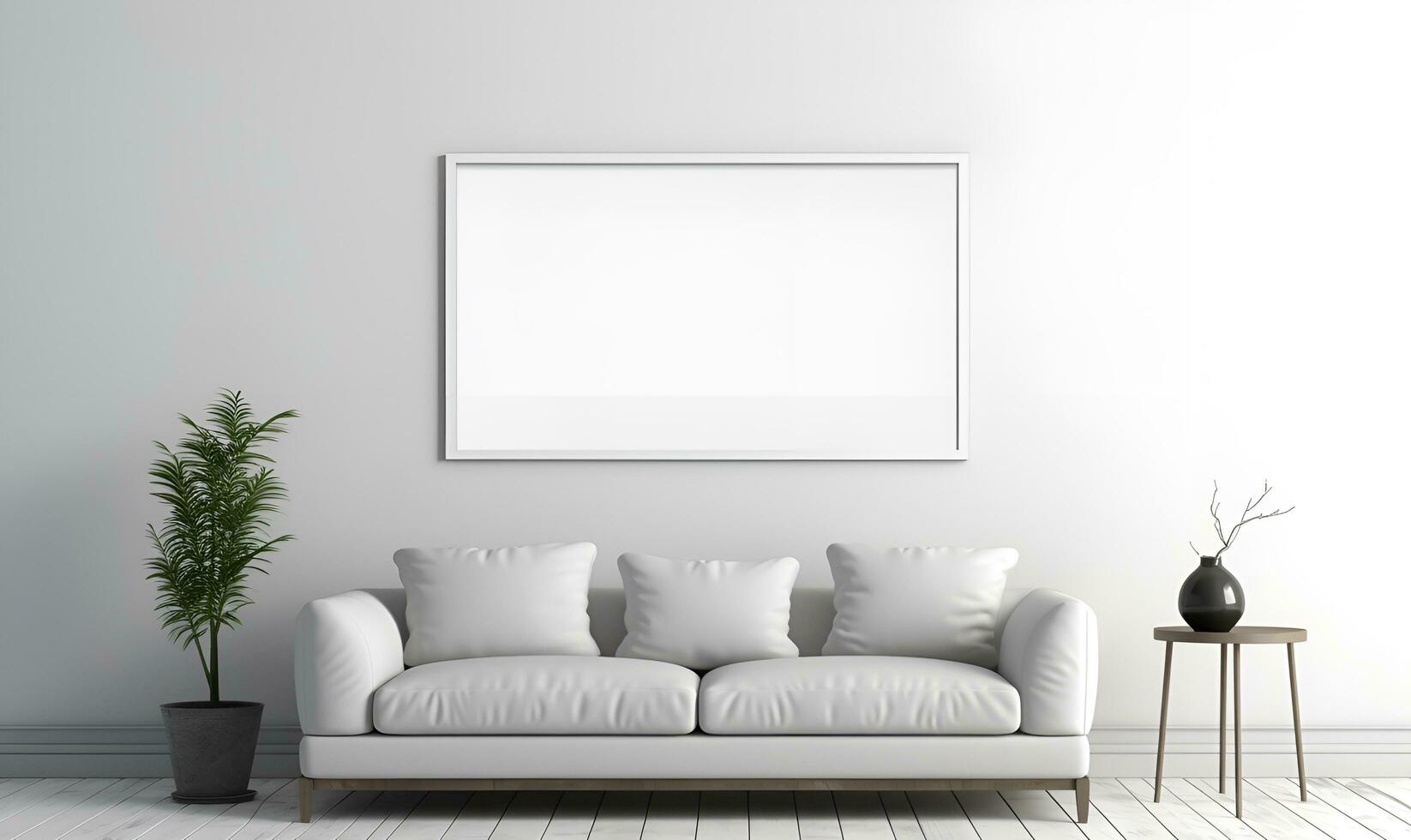 minimalistische wit huis interieur met groot, duidelijk wit muur lijsten, ai generatief foto