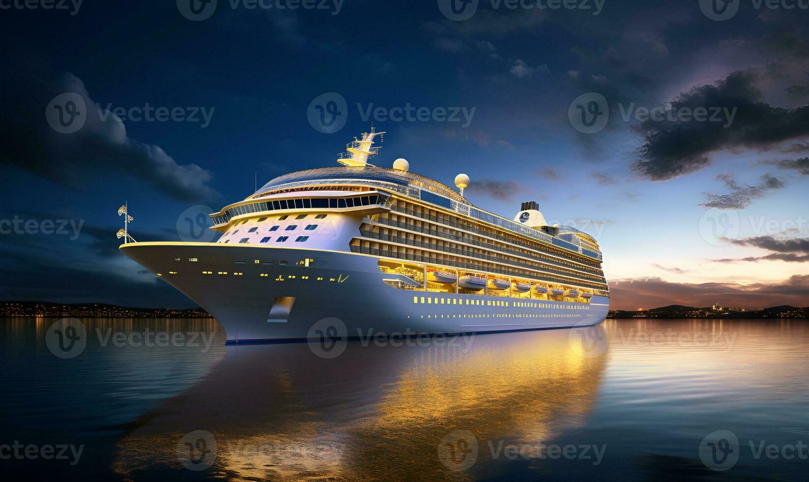 reusachtig luxe reis schip in de nacht zee, ai generatief foto