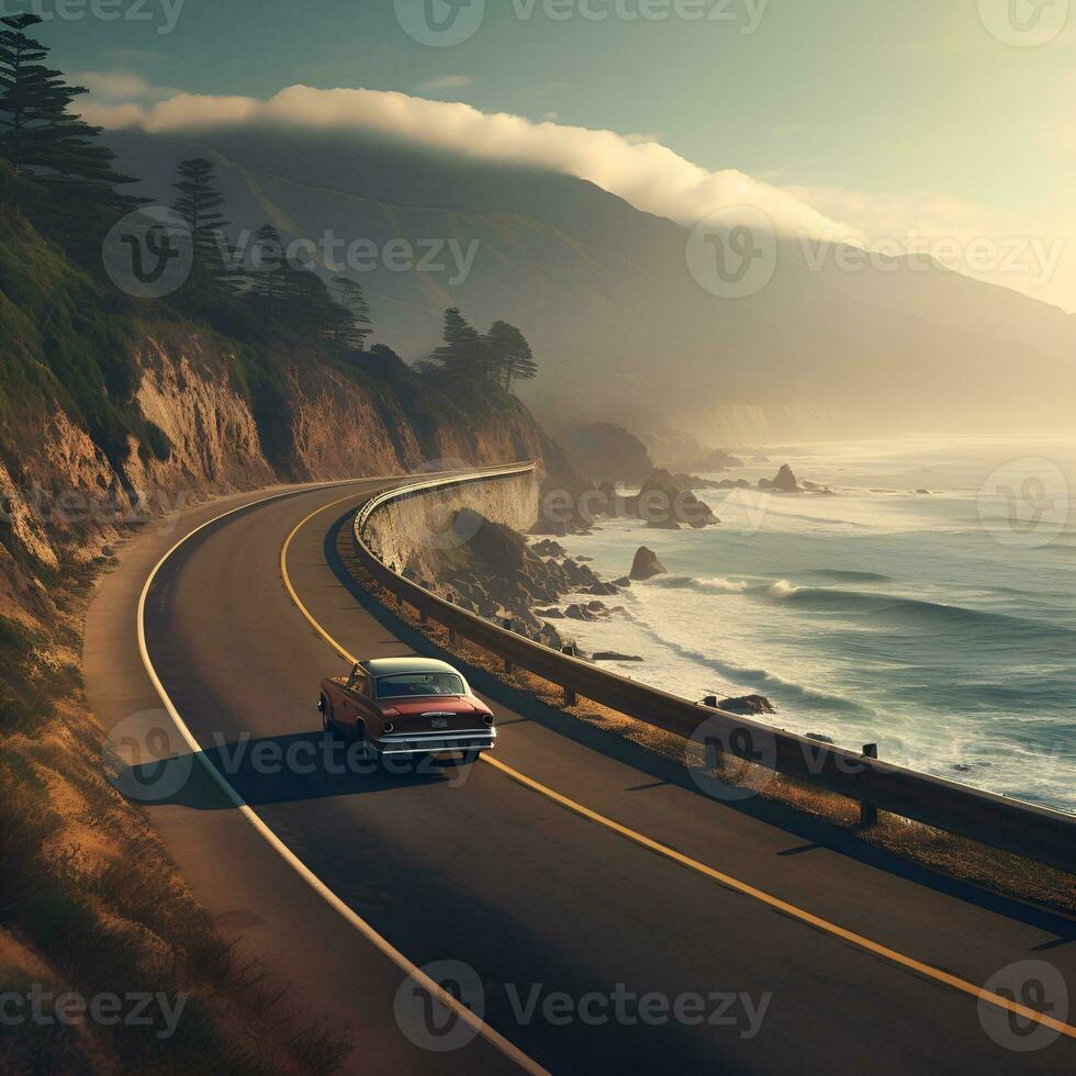 auto's Aan de kust weg zijn stil, ai generatief foto