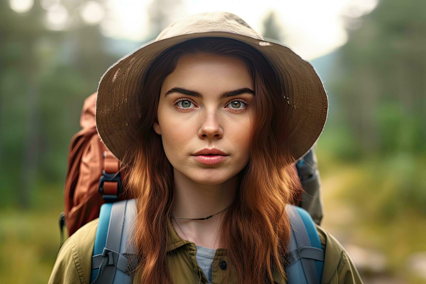 jong vrouw wandelen en gaan camping in natuur .generatief ai . foto