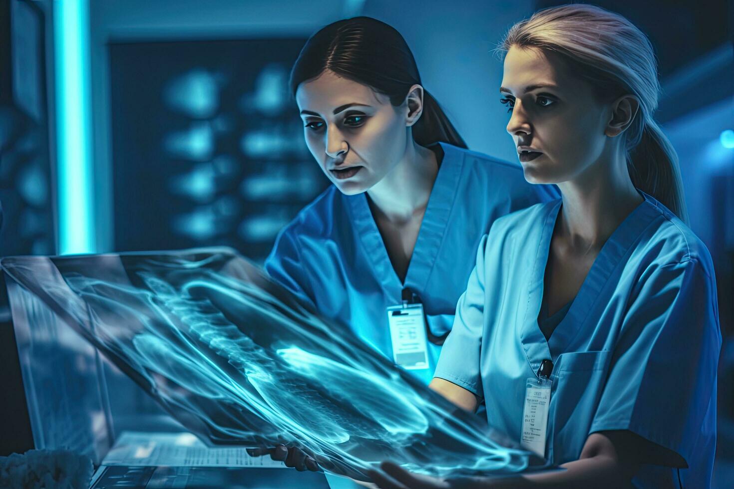 twee dokter Dames medisch artsen op zoek Bij röntgenstralen in een ziekenhuis, generatief ai. foto