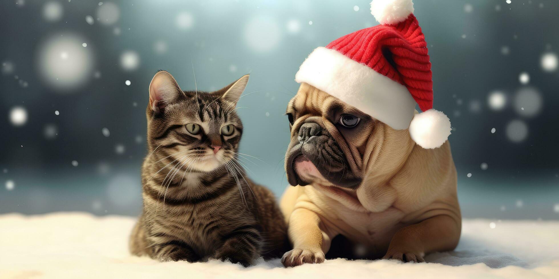 schattig kat en hond met een santa's hoed in de sneeuw achtergrond met ruimte voor copyspace, generatief ai. foto