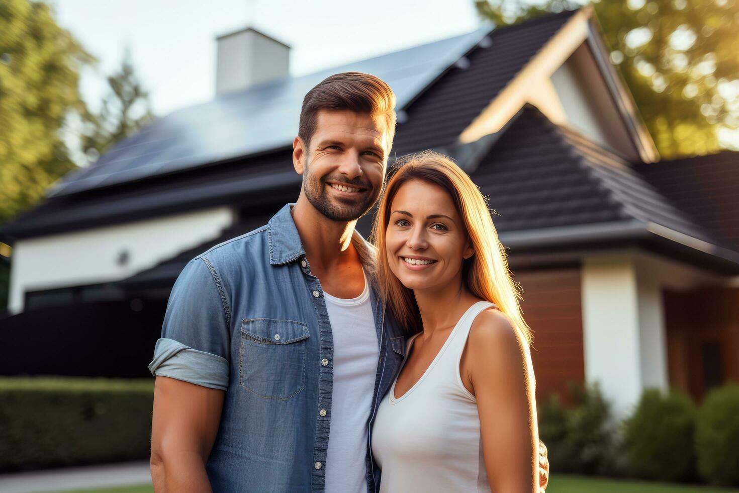 gelukkig paar staat glimlachen van een huis met zonne- panelen geïnstalleerd, generatief ai. foto