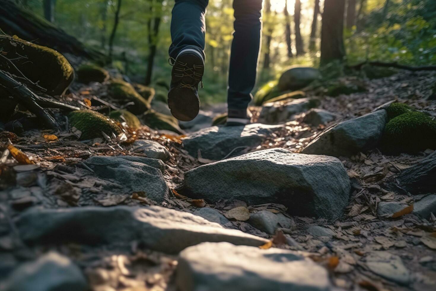 dichtbij omhoog een personen voeten wandelen Aan rotsen, wandelen Aan een spoor in de bossen, reizen concept. ai generatief foto