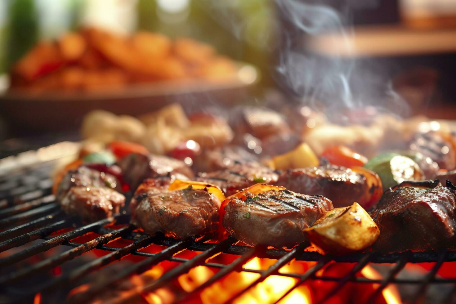 bbq voedsel partij zomer grillen vlees in de middag van weekend gelukkig feest. ai generatief foto