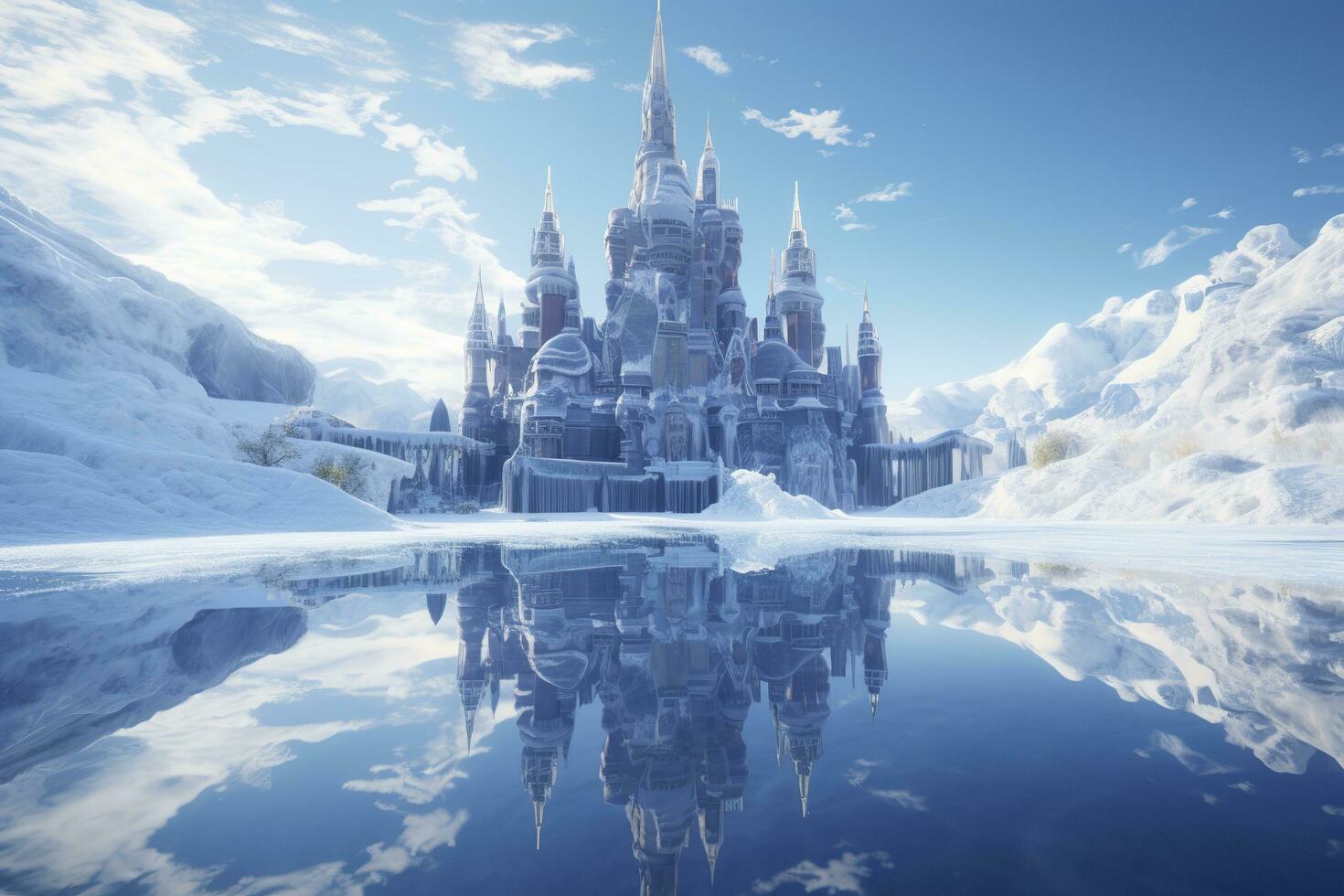een besneeuwd wonderland, een 3d renderen van elsa kasteel in een blauw besneeuwd berg achtergrond. ai generatief foto