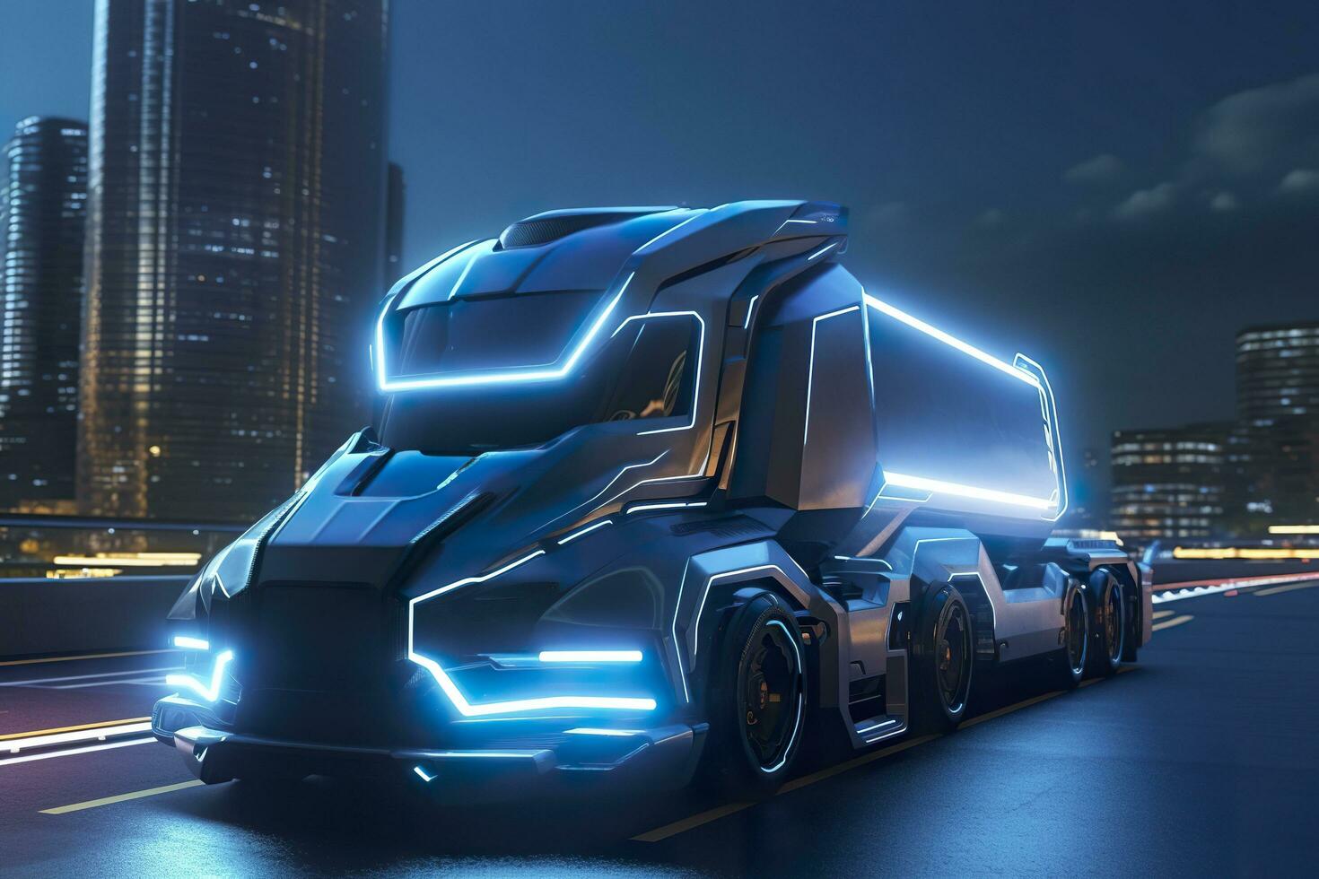23e eeuw futuristische vrachtauto met hyper modern drijfveer, breed hoek lens, en futuristische wolkenkrabber in de achtergrond. ai generatief foto