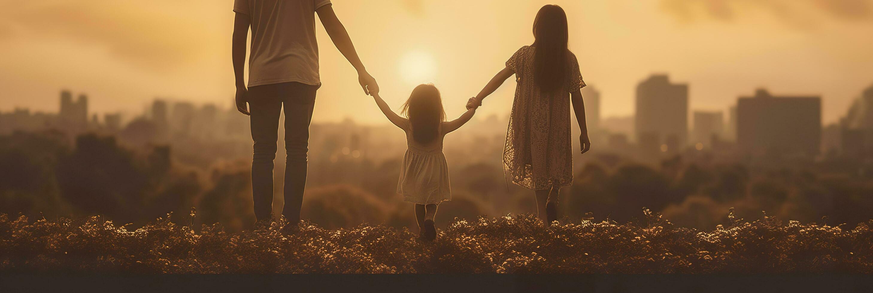 gelukkig familie moeder vader en dochter wandelen Aan natuur Aan zonsondergang houden hand. ai generatief foto