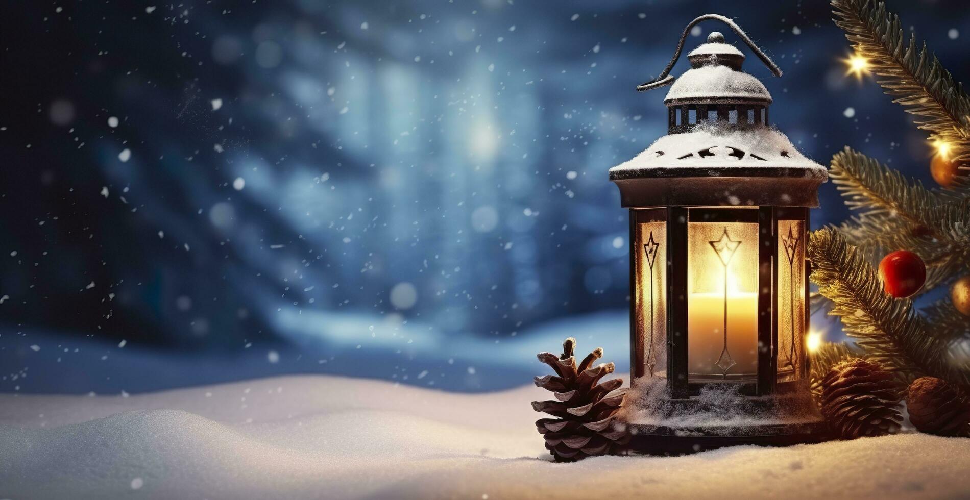 Kerstmis lantaarn Aan sneeuw met Spar Afdeling in avond tafereel. generatief ai foto