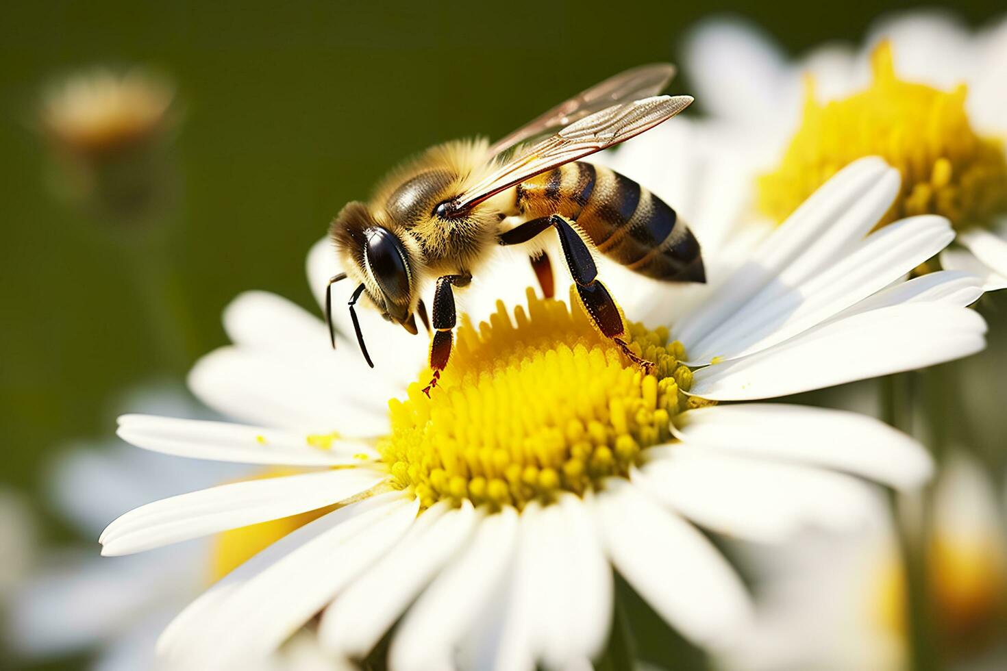 bij en bloem. dichtbij omhoog van een bij verzamelen honing Aan een madeliefje bloem Aan een zonnig dag. generatief ai foto