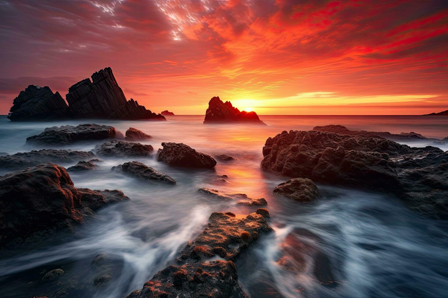 dramatisch zonsondergang over- de zee. mooi zeegezicht. mooi zeegezicht Bij zonsondergang. lang blootstelling schot met lang blootstelling, ai gegenereerd foto