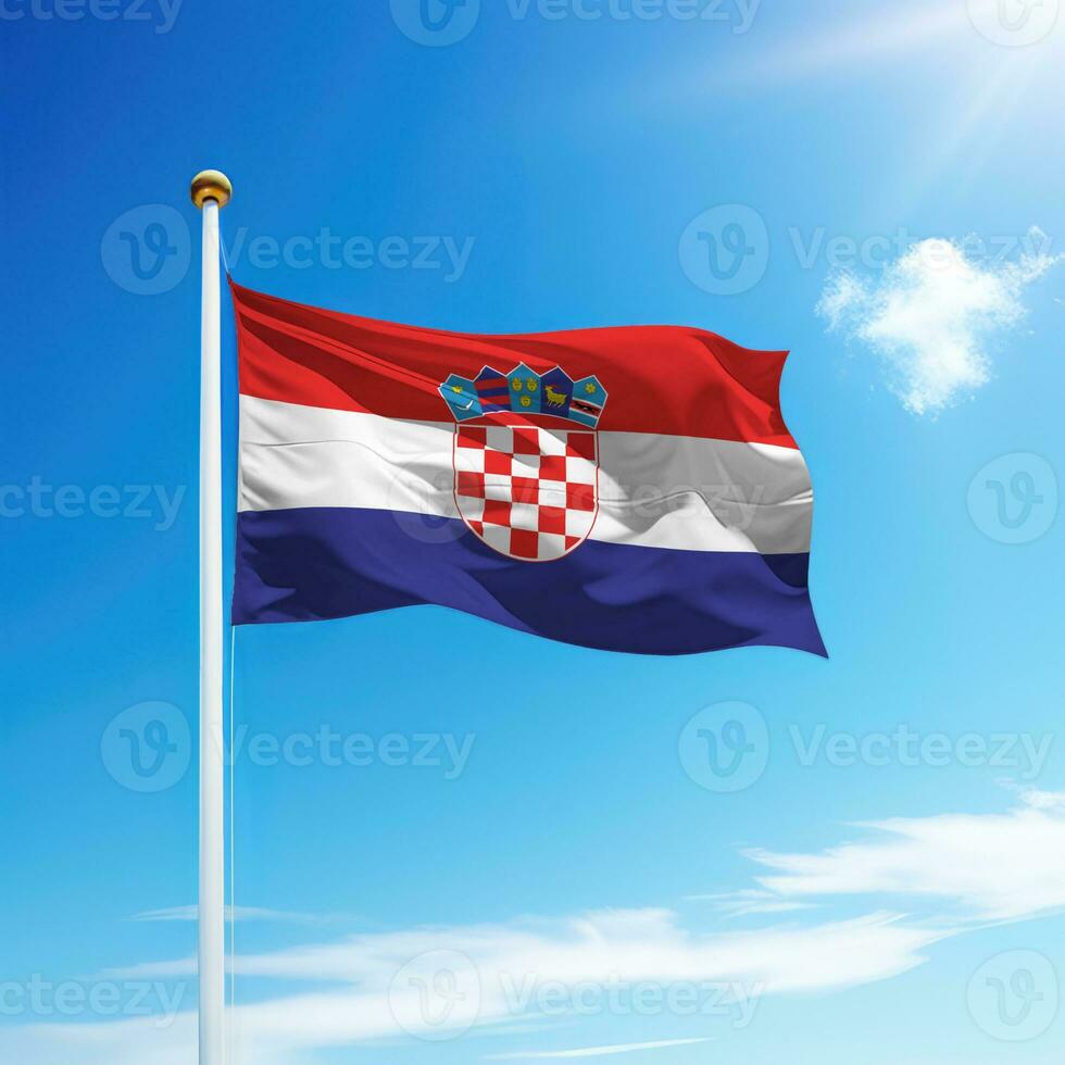 golvend vlag van Kroatië Aan vlaggenmast met lucht achtergrond. foto